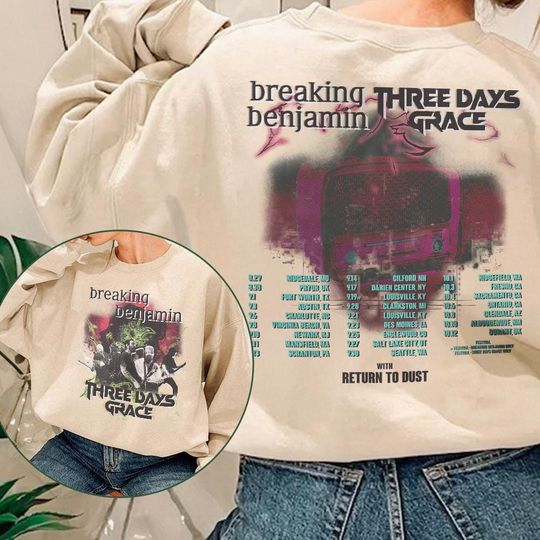 2 Sides Breaking Benjamin Three Days Grace Shirt, Tour Dates Tee with Return to Dust, Sport Grey Concert TShirt