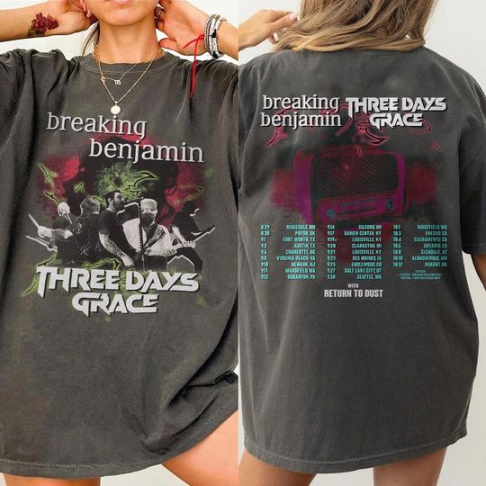 2 Sides Breaking Benjamin Three Days Grace Shirt, Tour Dates Tee with Return to Dust, Sport Grey Concert TShirt