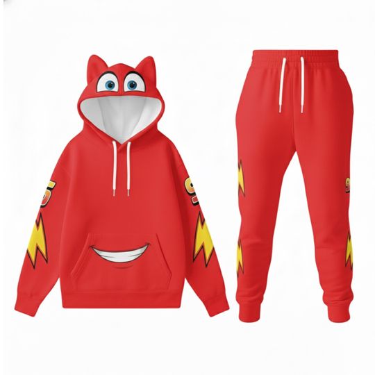 Red Racer Car Costume Hoodie Jogger Set, Lightning Bolt 3D Printed Outfit, Sporty Cosplay Tracksuit, Fun Streetwear Gift for Fans