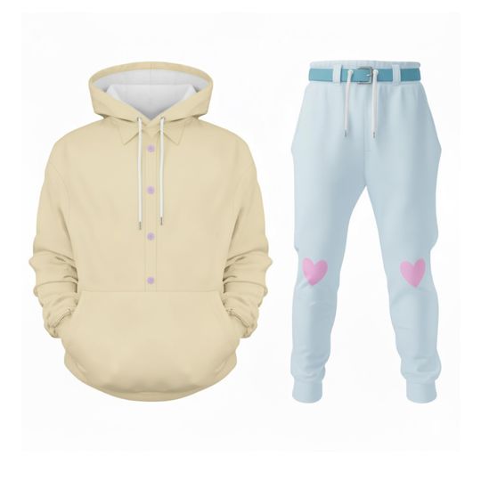 Heart Demon Hunter 3D Hoodie Jogger Set, Cream Blue Outfit with Pink Hearts