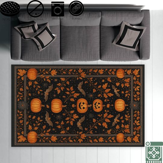 Halloween Pumpkin Rug | Black and Orange Scary Decor | Living Room Halloween Pattern Rug