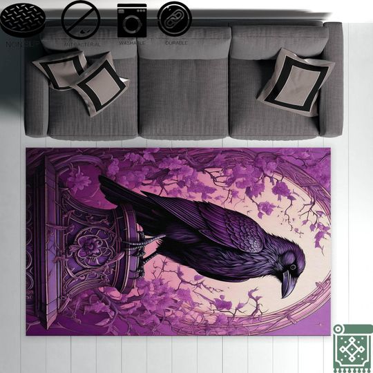 Gothic Raven Rug, Dark Academia, Purple and Black Victorian Gothic Carpet, Crow Witchcore Decor, Halloween Gift Rug