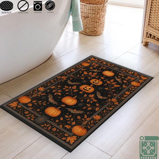 Halloween Pumpkin Rug | Black and Orange Scary Decor | Living Room Halloween Pattern Rug