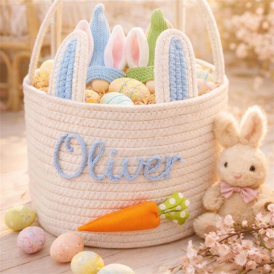 Personalized Rope Easter Basket, Bunny Egg Hunt Keepsake, Toddler Boy Gift