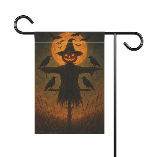 Halloween Garden Flag: Pumpkin Scarecrow, Crows, Full Moon - Spooky Fall Decor