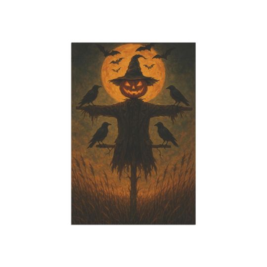 Halloween Garden Flag: Pumpkin Scarecrow, Crows, Full Moon - Spooky Fall Decor