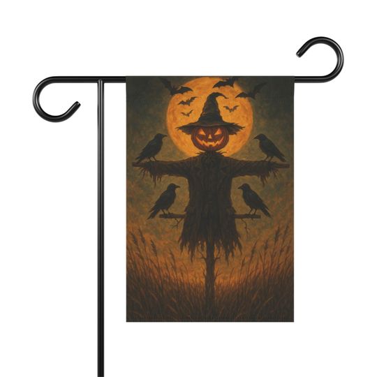 Halloween Garden Flag: Pumpkin Scarecrow, Crows, Full Moon - Spooky Fall Decor