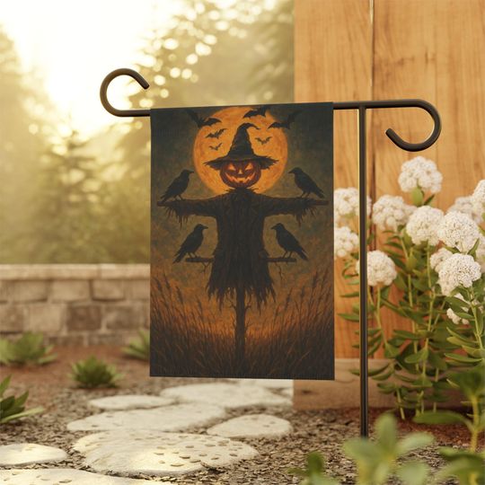 Halloween Garden Flag: Pumpkin Scarecrow, Crows, Full Moon - Spooky Fall Decor