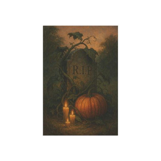 Gothic Halloween Garden Flag: Tombstone, Pumpkin, Graveyard Decor