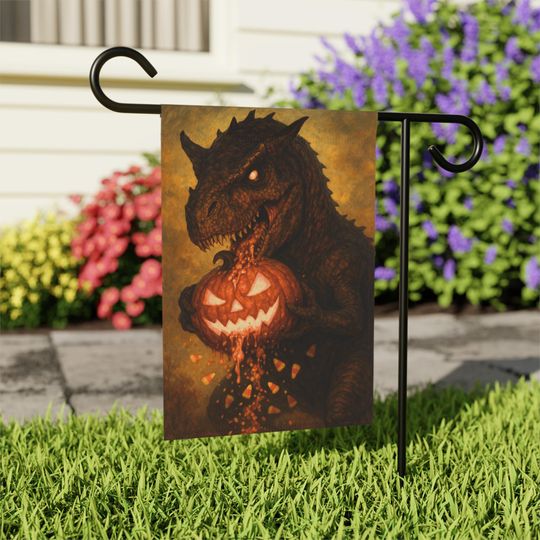 T-Rex Halloween Garden Flag: Spooky Dinosaur Pumpkin Decor