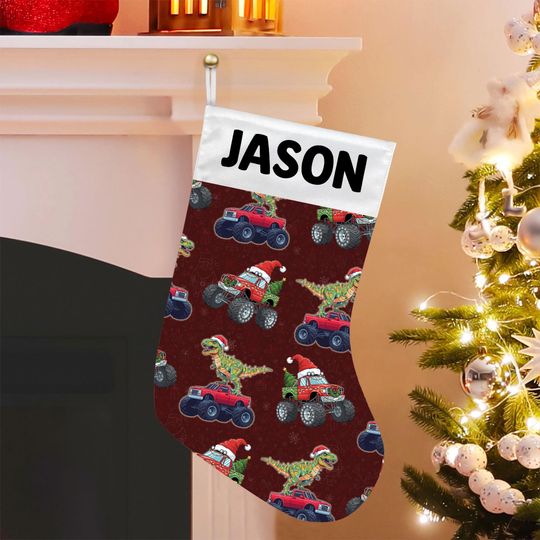 Personalized Christmas Stocking  Dinosaur Monster Truck Custom Holiday Decor with Name