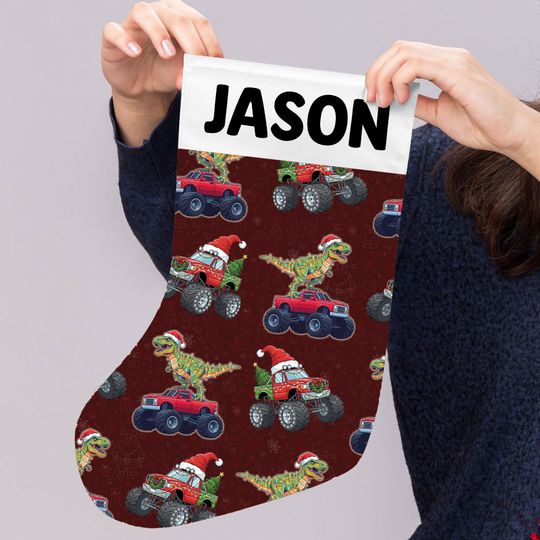Personalized Christmas Stocking  Dinosaur Monster Truck Custom Holiday Decor with Name