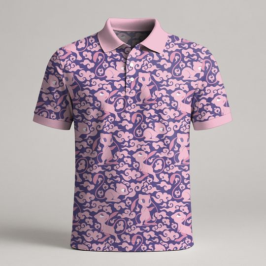 Mew Polo Shirt, Ancient Mew Pattern Polo, Cute Cloud Polo, Kawaii Summer Shirt, Mew Shirt Gifts