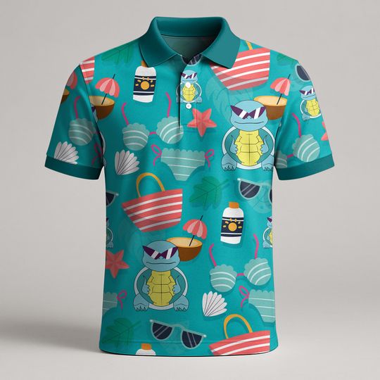 Squirtle Polo Shirt, Funny Summer Button Up, Vintage Tropical Hawaiian Shirt, Cool Beach Shirt for Men and Women, Squirtle Squad Gift