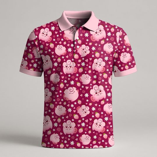 Clefairy Polo Shirt, Cute Kawaii Clefairy Pattern Polo, Funny Summer Vintage Polo Shirt, Mens Polo Shirt, Clefairy Gift