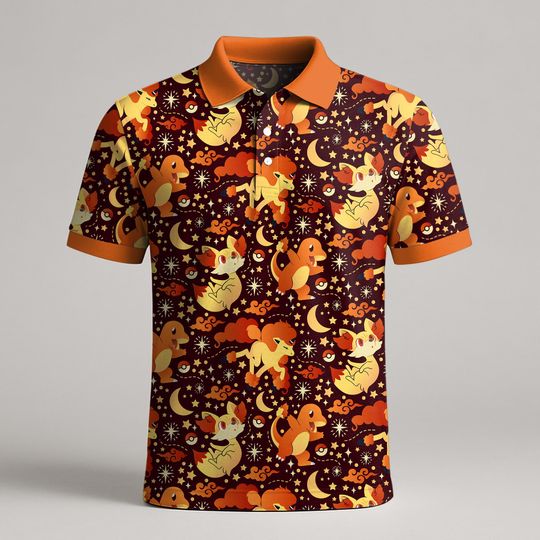 Charmander Fennekin Polo Shirt, Cute Fire Kawaii Pattern Polo Shirt, Funny Summer Anime Shirt, Charmander Shirt Gifts