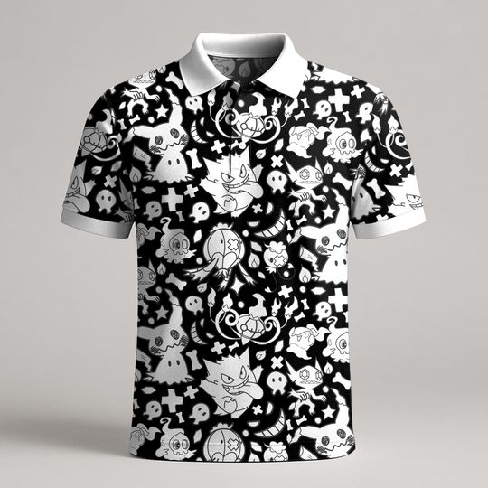 Gengar Mimikyu Polo Shirt, Ghost Pattern Shirt, Kawaii Gothic Polo for Men, Cute Spooky Shirt, Gengar Gift