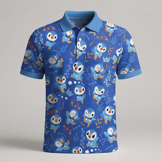 Piplup Polo Shirt, Penguin Polo with Cute Ocean Pattern, Kawaii Summer Polo Top, Funny Shirt Gift