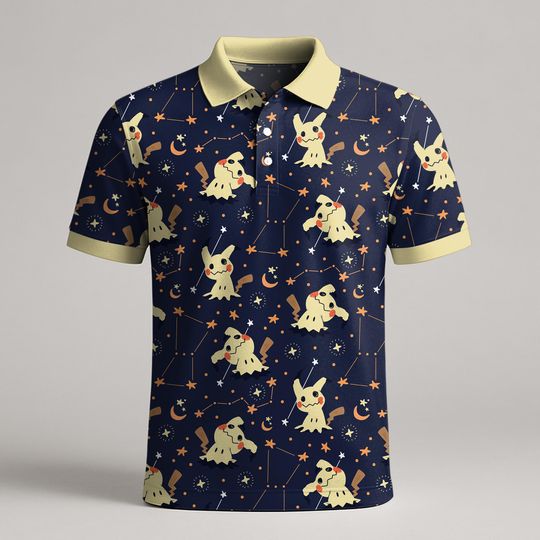 Mimikyu Polo Shirt, Cute Ghost Star Pattern Polo, Kawaii Night Sky Shirt, Summer Casual Shirt, Mimikyu Shirt Gift