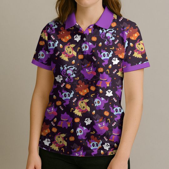 Gengar Mimikyu Polo Shirt, Unisex Halloween Ghost Pattern Polo