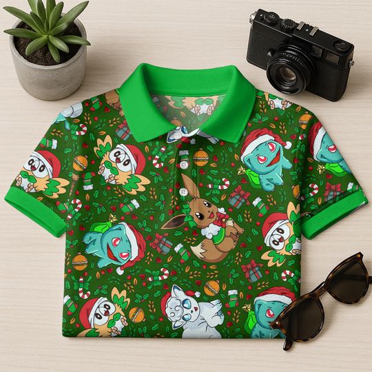 Vulpix Bulbasaur Polo Shirt, Unisex Green Holiday Polo with Cute Character Pattern, Kawaii Summer Polo Top, Funny Shirt Gift