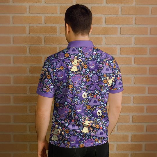 Gengar and Mimikyu Polo Shirt, Spooky Kawaii Ghost Pattern Tee