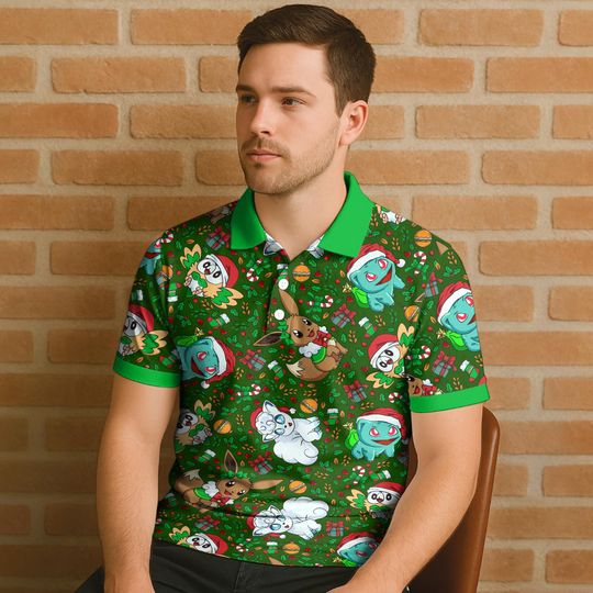 Vulpix Bulbasaur Polo Shirt, Unisex Green Holiday Polo with Cute Character Pattern, Kawaii Summer Polo Top, Funny Shirt Gift