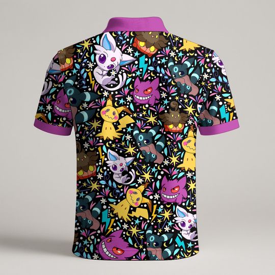 Gengar Mimikyu Polo Shirt, Kawaii Pattern Summer Polo, Funny Vintage Outfit, Cute Summer Polo, Gengar Shirt Gift