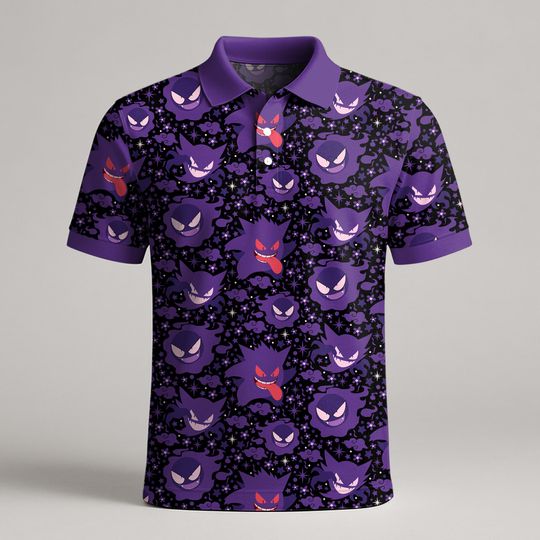 Gengar Polo Shirt, Cute Kawaii Gengar Summer Polo for Men Women, Funny Shirt, Vintage Style Outfit, Gengar Gift Shirt