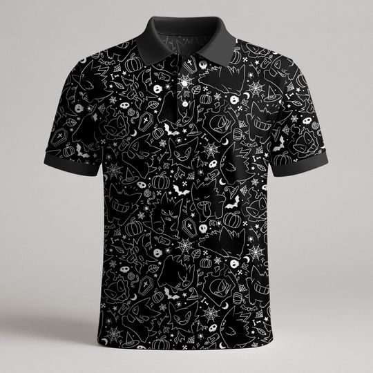 Gengar Polo Shirt, Spooky Line Art Pattern Polo Shirt, Cute Ghost Kawaii Shirt, Funny Halloween Shirt Gengar Shirt Gifts