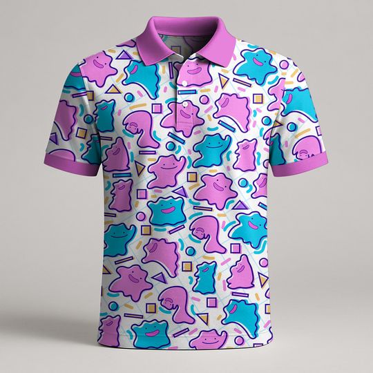 Ditto Polo Shirt, Shiny Ditto Retro Tee, Funny Kawaii Pattern Shirt, Summer Gift Idea, Cute Vintage Style