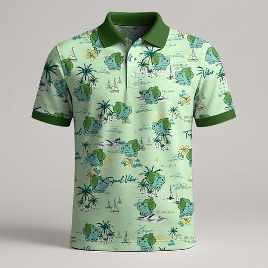 Bulbasaur Polo Shirt, Kawaii Summer Shirt, Tropical Button-Up Shirt, Cute Polo, Bulbasaur Shirt Gift