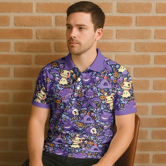 Gengar and Mimikyu Polo Shirt, Spooky Kawaii Ghost Pattern Tee