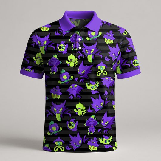 Gengar Polo Shirt, Ghost Type Kawaii Summer Polo Shirt, Funny Shirt, Gengar Shirt Gifts