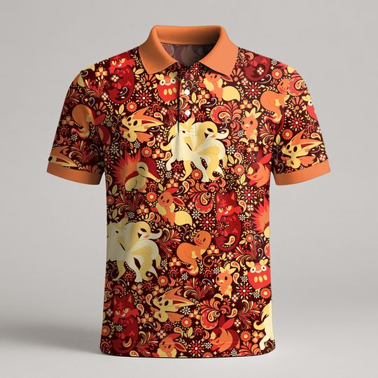 Ninetales Eevee Polo Shirt, Cute Kawaii Summer Polo for Men Women, Vintage Funny Pattern Polo Shirt, Casual Outfit Eevee Shirt Gifts