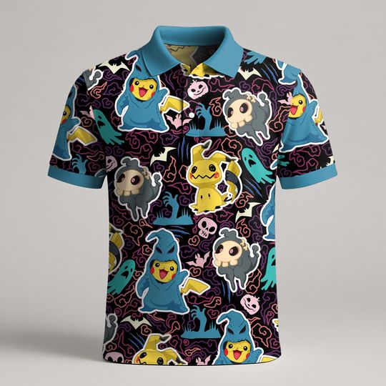 Mimikyu Polo Shirt, Ghost Polo with Spooky Cute Pattern, Kawaii Summer Polo Shirt, Cute Mimikyu Shirt Gifts