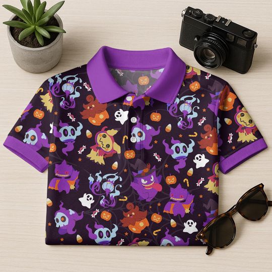 Gengar Mimikyu Polo Shirt, Unisex Halloween Ghost Pattern Polo