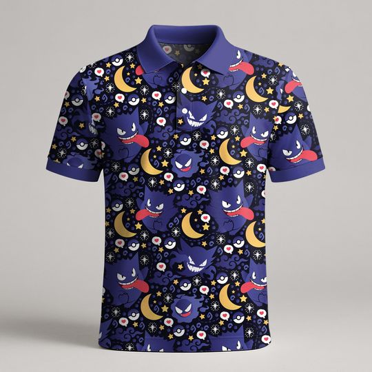 Gengar Polo Shirt, Cute Dark Ghost Pattern Polo, Kawaii Funny Shirt, Gengar Gifts