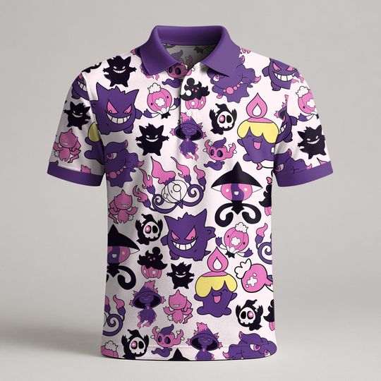 Gengar Mismagius Polo Shirt, Ghost Pattern Polo, Kawaii Summer Polo Top, Funny Shirt, Gengar Shirt Gifts