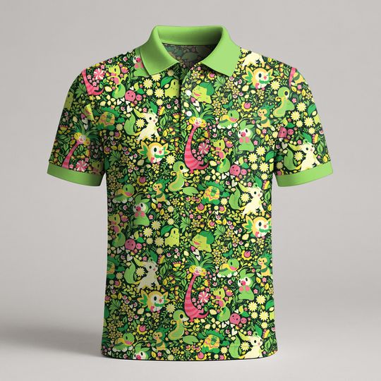 Bulbasaur Grookey Polo Shirt, Cute Green Kawaii Summer Polo Top, Funny Mens Polo Shirt Pattern, Bulbasaur Gift Shirt