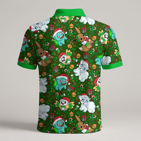 Vulpix Bulbasaur Polo Shirt, Unisex Green Holiday Polo with Cute Character Pattern, Kawaii Summer Polo Top, Funny Shirt Gift