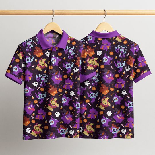 Gengar Mimikyu Polo Shirt, Unisex Halloween Ghost Pattern Polo