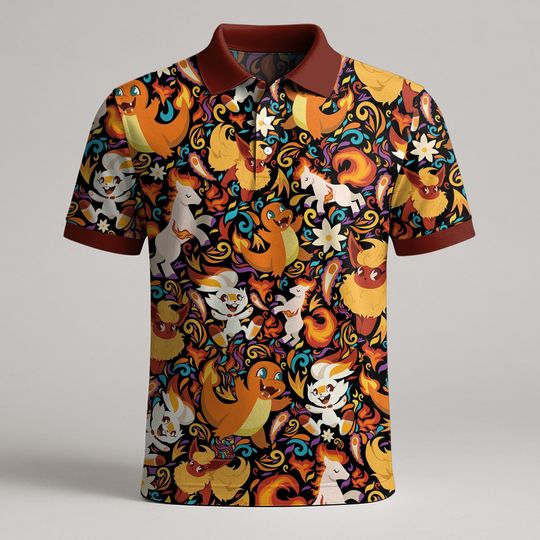 Charmander and Flareon Fire Polo Shirt, Flame Pattern Kawaii Summer Shirt, Funny Vintage Polo Tee, Cute Fire Creature Shirt