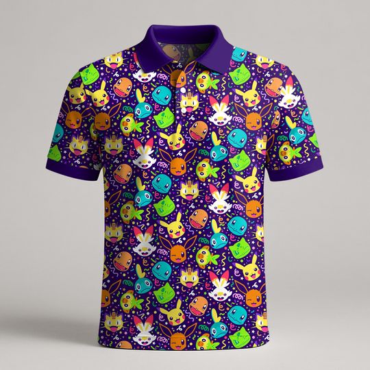 Bulbasaur Squirtle Polo Shirt, Cute Kawaii Pattern Polo, Squirtle Squad Summer Shirt, Funny Polo Shirt, Bulbasaur Shirt Gift
