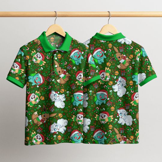 Vulpix Bulbasaur Polo Shirt, Unisex Green Holiday Polo with Cute Character Pattern, Kawaii Summer Polo Top, Funny Shirt Gift