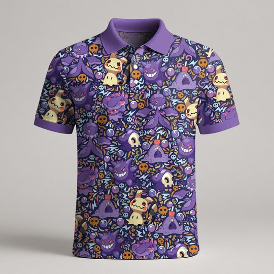 Gengar and Mimikyu Polo Shirt, Spooky Kawaii Ghost Pattern Tee