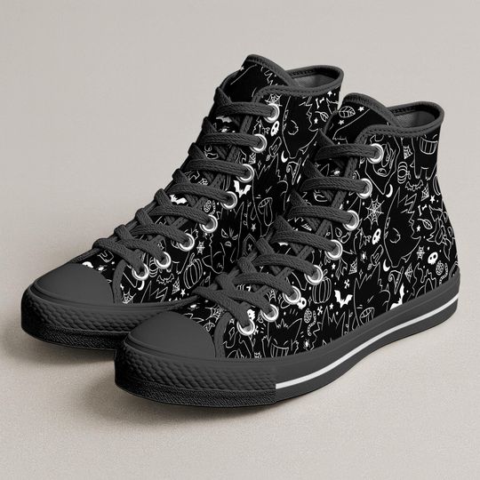 Gengar High Top Shoes, Spooky Gengar Pattern Sneakers, Dark Anime Style Canvas Shoes, Gengar Shoes Gifts