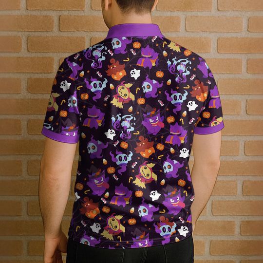 Gengar Mimikyu Polo Shirt, Unisex Halloween Ghost Pattern Polo