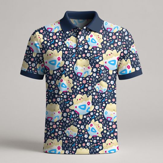 Togepi Polo Shirt, Cute Kawaii Pattern Polo, Summer Shirt, Adorable Gift Idea, Togepi Shirt Gift