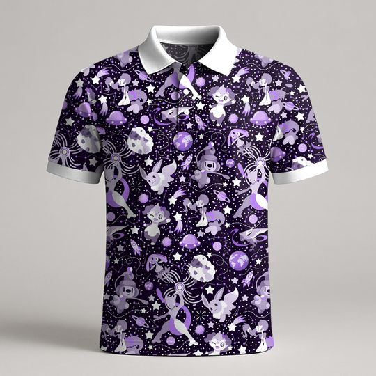 Mewtwo Eevee Polo Shirt, Cosmic Pattern Polo for Men Women, Kawaii Cute Polo, Funny Summer Shirt, Space Gift